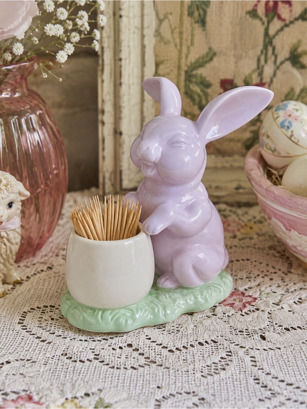 Vintage Toyo Japan Easter Bunny Toothpick Holder Pink Laughing Rabbit Planter
